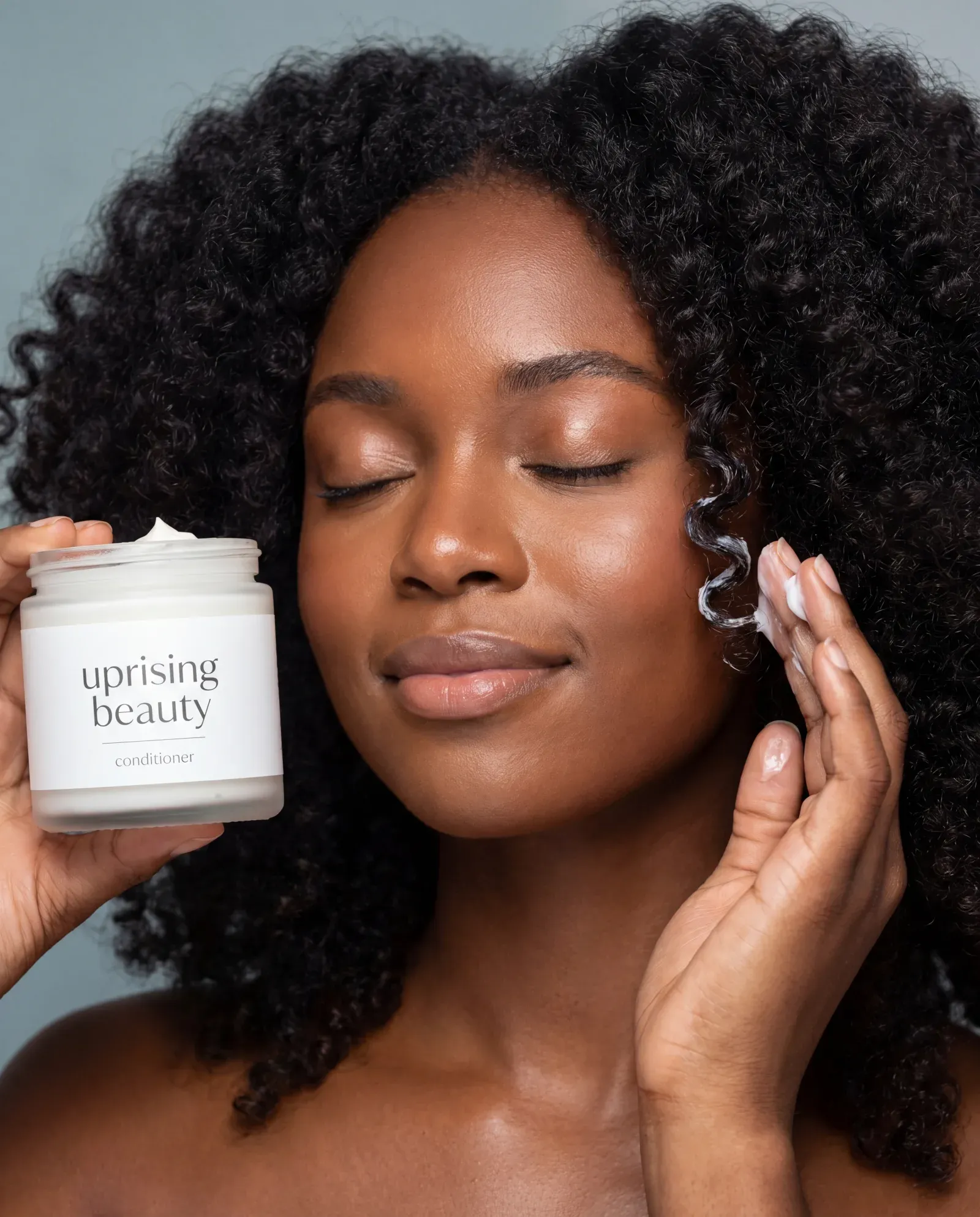 Hair category — damp hair fanned out, products by hair zone
