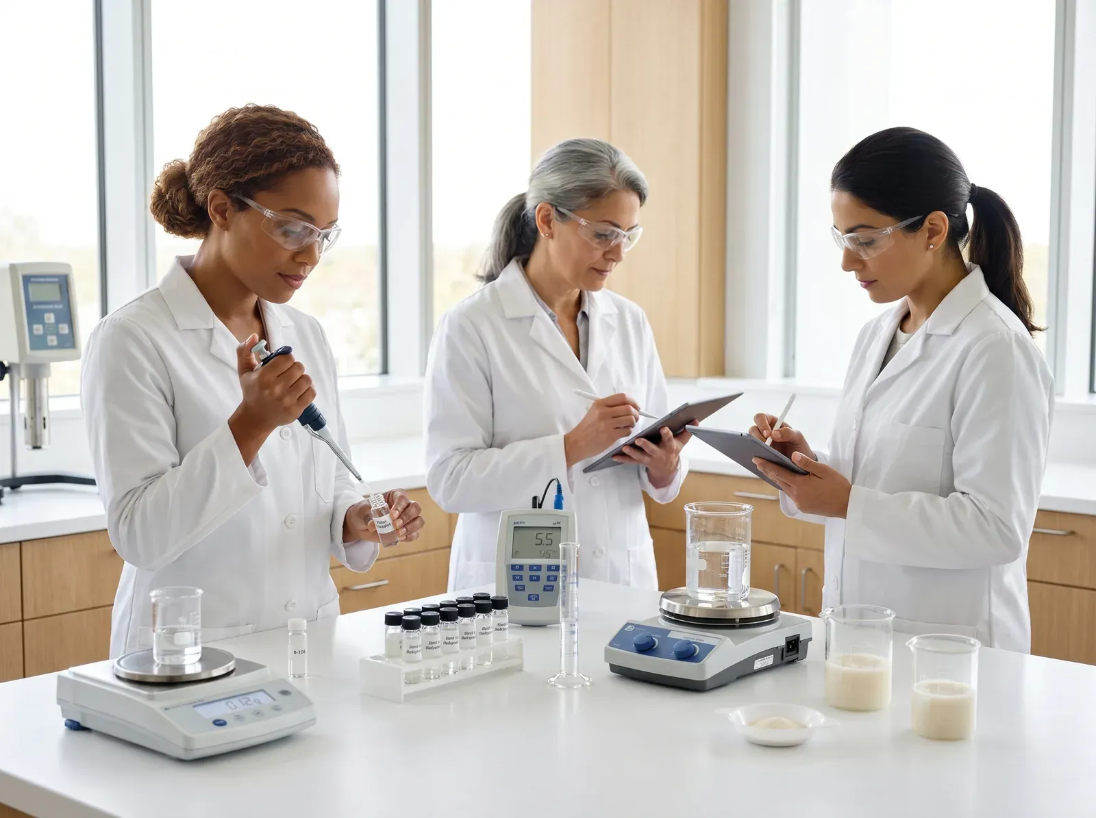 Three women chemists in lab coats formulating cosmetics at the UpRising Beauty lab bench